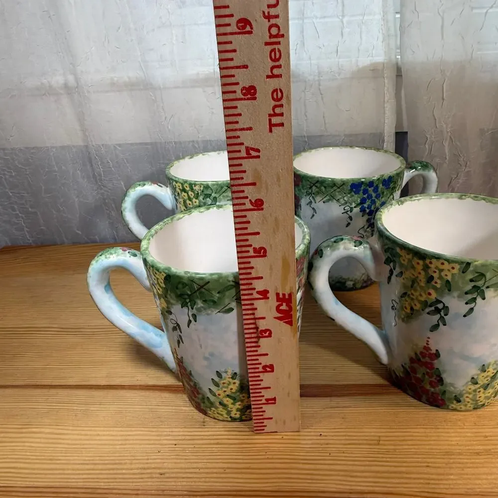 Fitz Floyd Balloons Floral Mug Set 4 Hand Painted Garden Coffee Cups